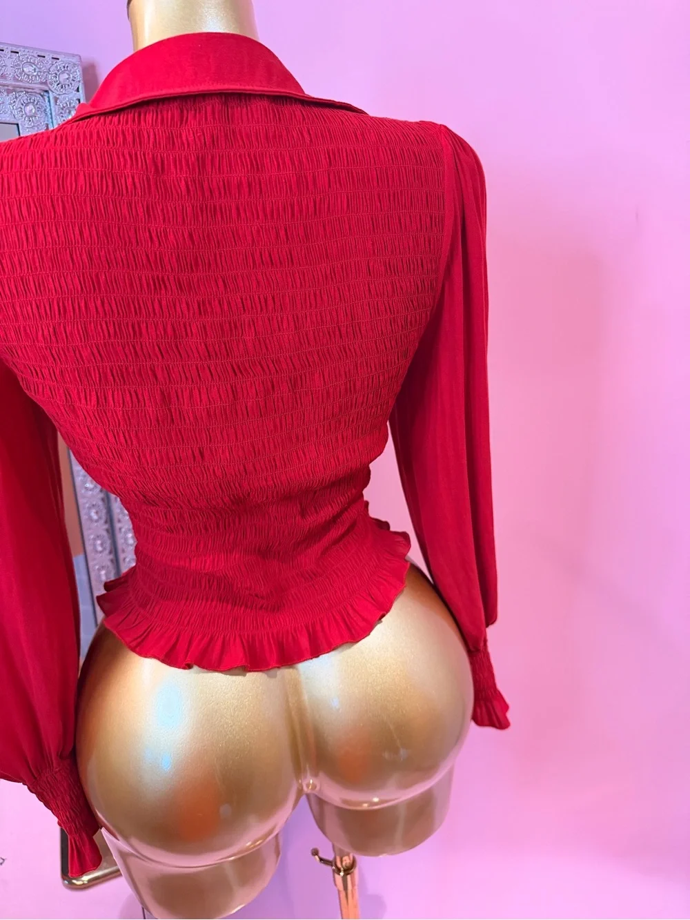 Free People Red Ruched Button-Front Long Sleeve Top